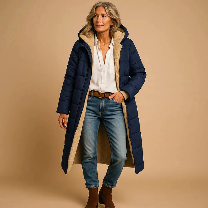 Women's Long Quilted Puffer Jacket Navy Blue