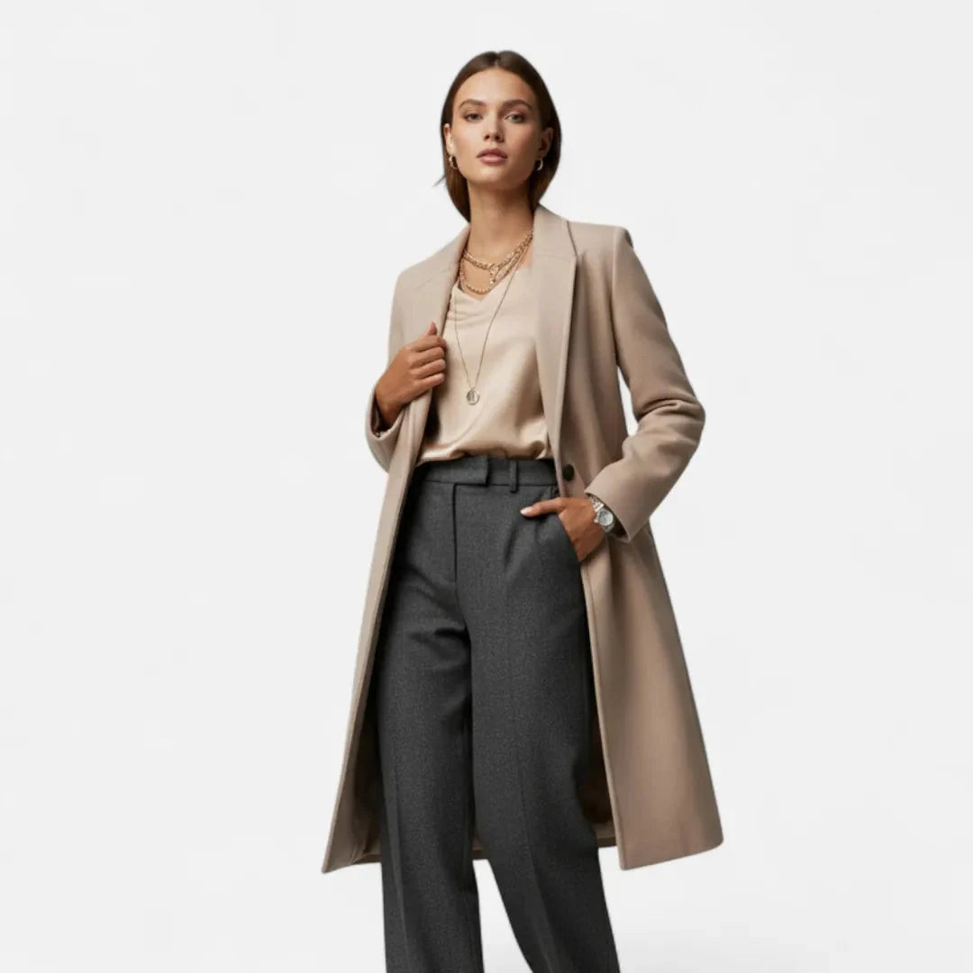 Women's Long Wool-Blend Overcoat with Lapel Beige