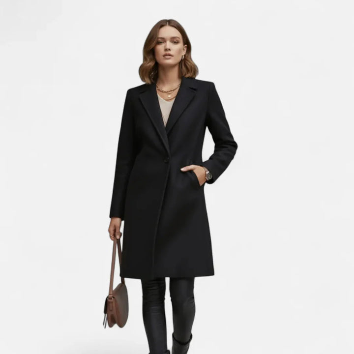 Women's Long Wool-Blend Overcoat with Lapel Black