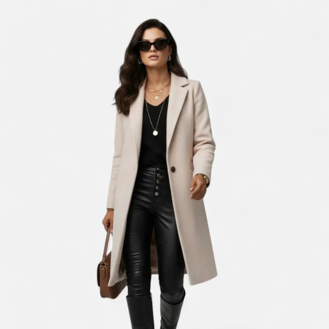 Women's Long Wool-Blend Overcoat with Lapel Light Gray