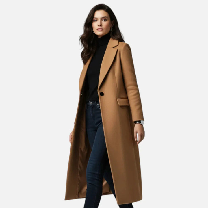 Women's Long Wool-Blend Overcoat with Lapel Brown