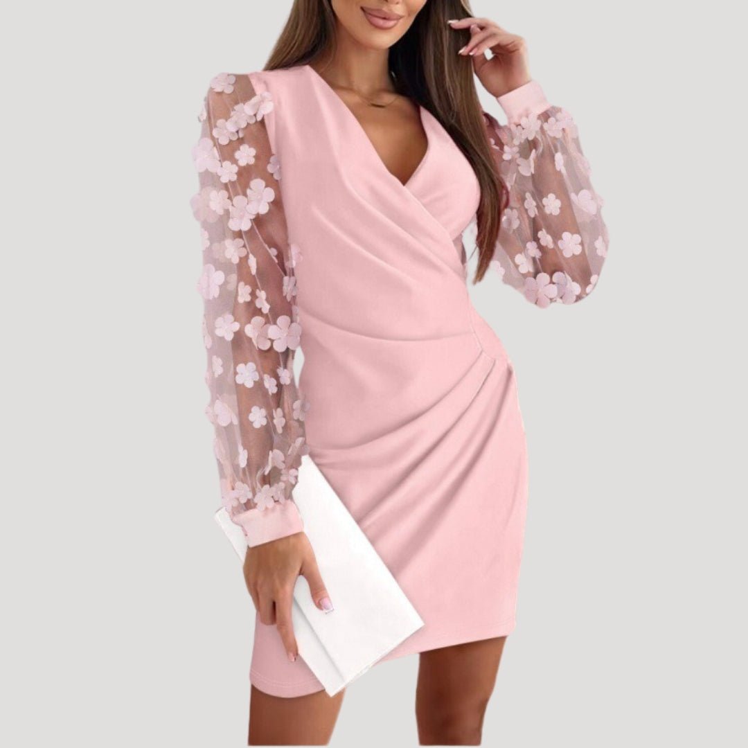 Jenny | Vestido corto cruzado para mujer con mangas transparentes y escote en V