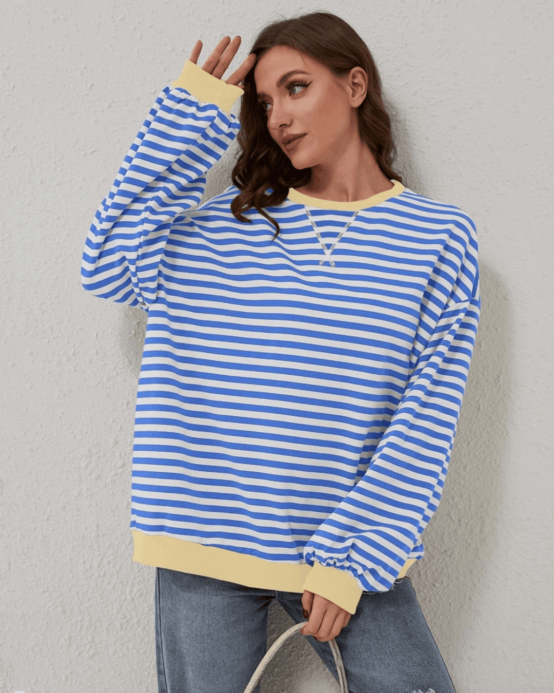 Women's Oversized Striped Sweatshirt Light Blue - Orange