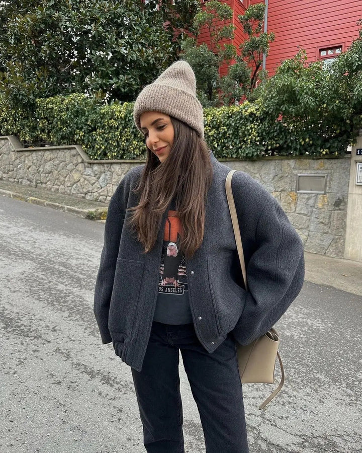 Womens Oversized Tweed Bomber Jacket Cozy Autumn Style