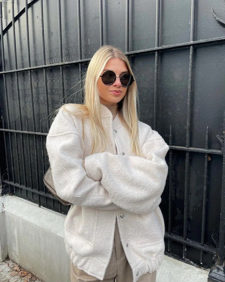 Womens Oversized Tweed Bomber Jacket Cozy Autumn Style Off-White