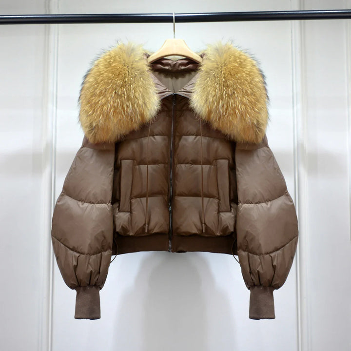 Women's Short White Duck Down Parka Brown 3
