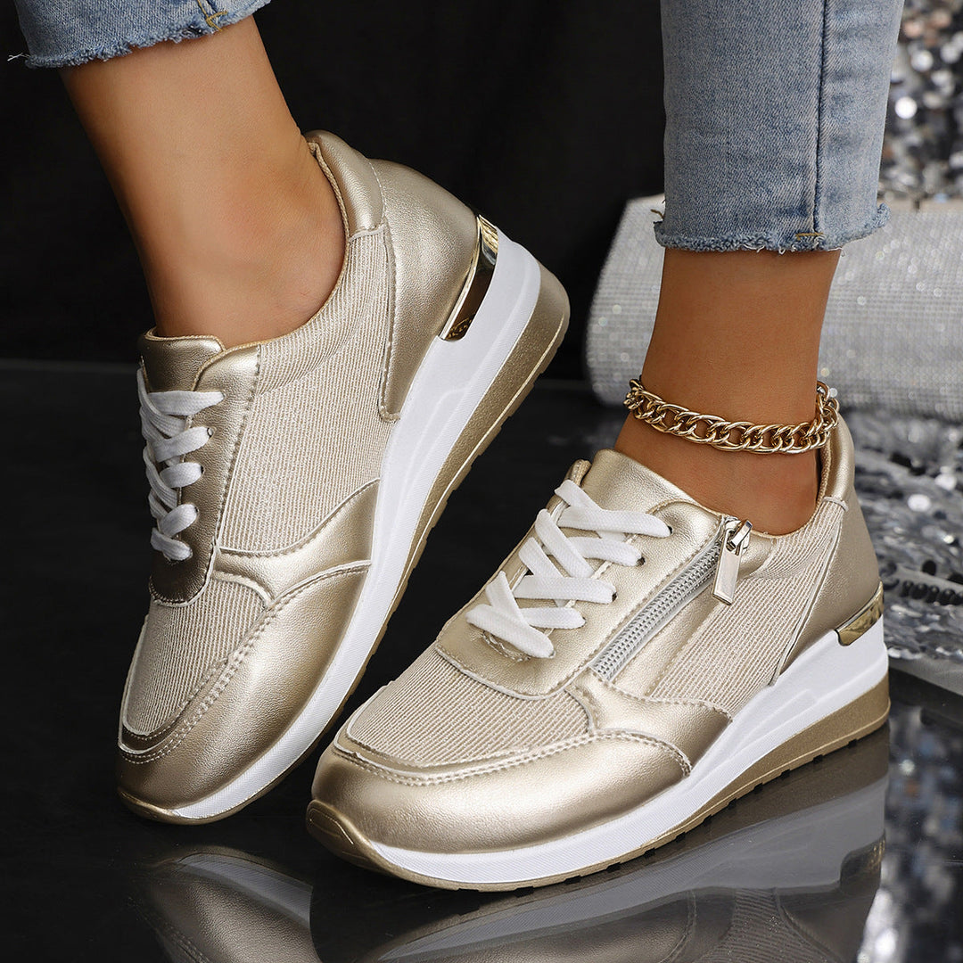 Women's Side-Zip Lace-Up Sneakers Gold