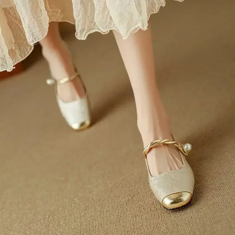 Women's Silk-Textured Low Heel Pearl Pumps