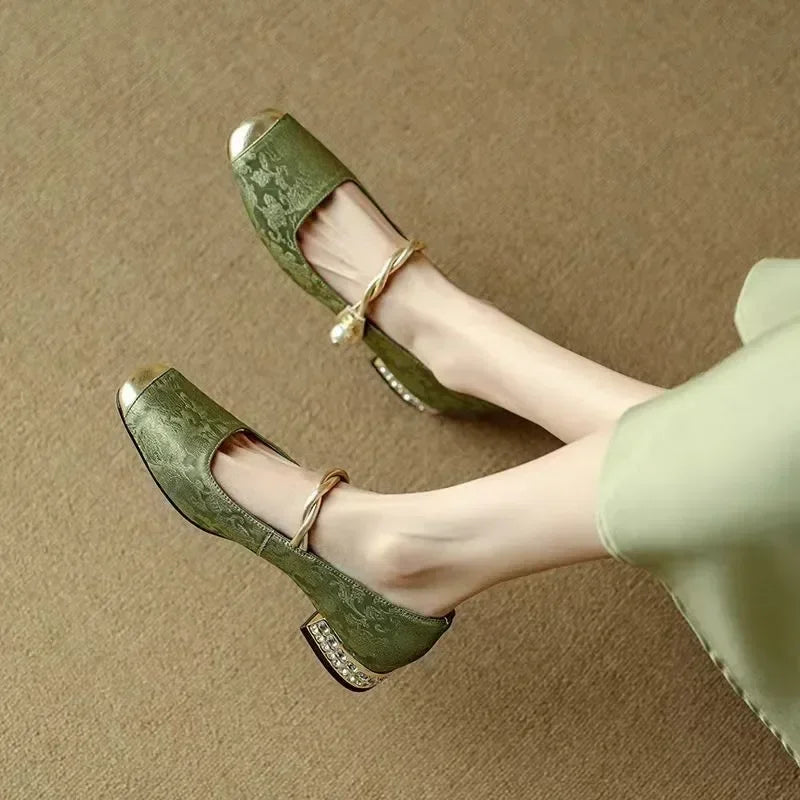 Women's Silk-Textured Low Heel Pearl Pumps