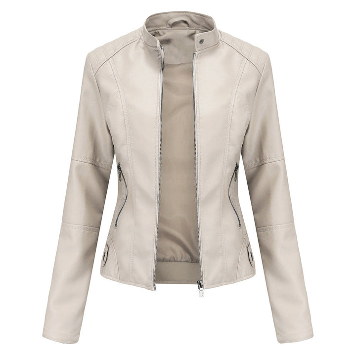 Womens Slim Leather Jacket Lightweight Casual Fashion Ivory