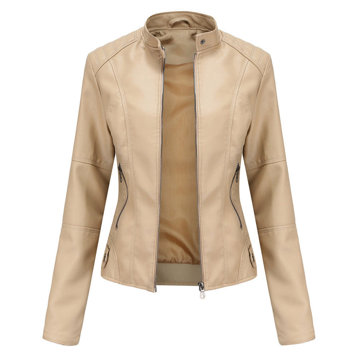 Womens Slim Leather Jacket Lightweight Casual Fashion Apricot