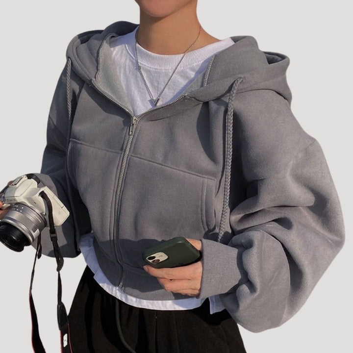 Women's Spring Cropped Zip-Up Hoodie Jacket Dark Grey