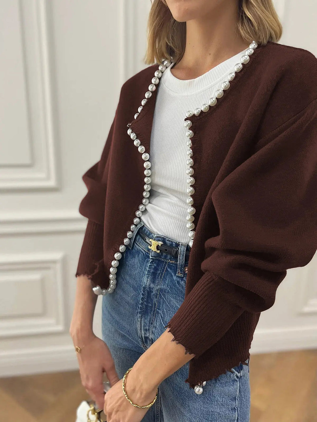 Women's Stylish Pearl Trim Cardigan – Versatile Layering Essential