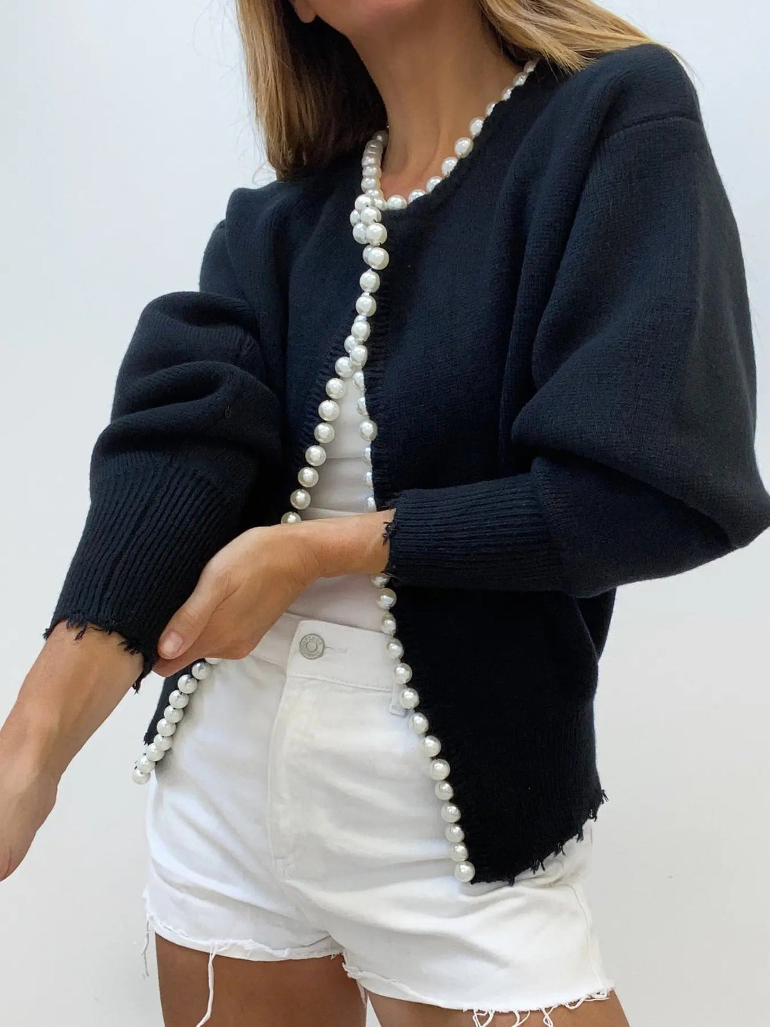 Women's Stylish Pearl Trim Cardigan – Versatile Layering Essential Black One Size