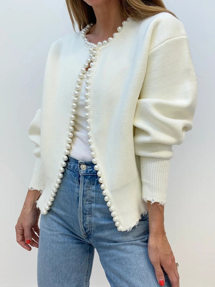 Women's Stylish Pearl Trim Cardigan – Versatile Layering Essential White One Size