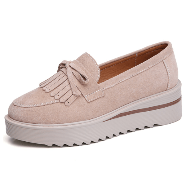 Women's Suede Tassel Platform Slip-On Shoes - Comfy and Stylish Beige
