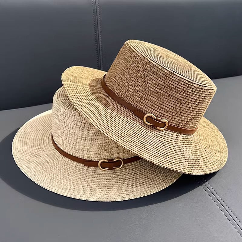 Women's Summer Flat Straw Hat with UV Protection for Seaside Wear