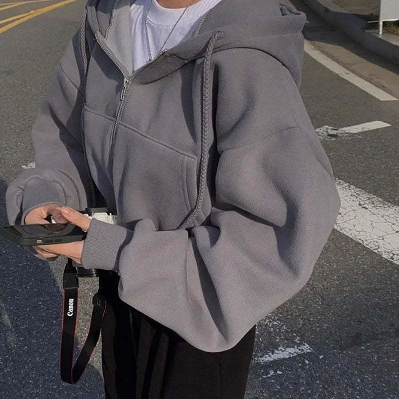 Y2K Cropped Zip Up Hoodie For Women Streetwear Jacket Dark Grey