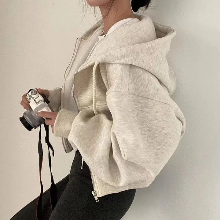 Y2K Cropped Zip Up Hoodie For Women Streetwear Jacket Beige