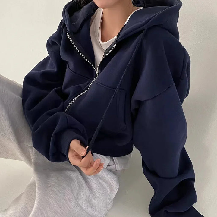 Y2K Cropped Zip Up Hoodie For Women Streetwear Jacket Blue