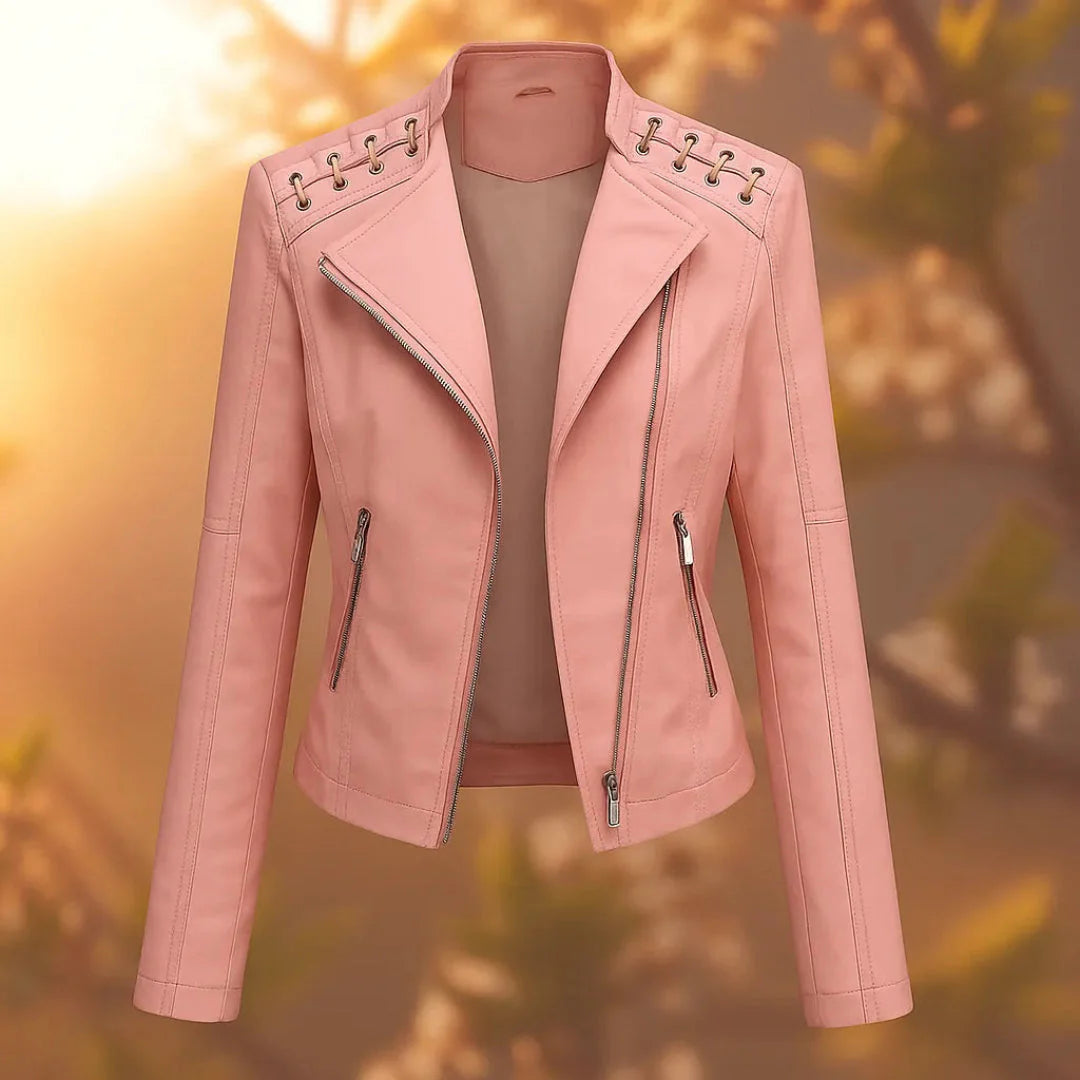 Stitch-Up Shoulder Faux Leather Jacket Pink