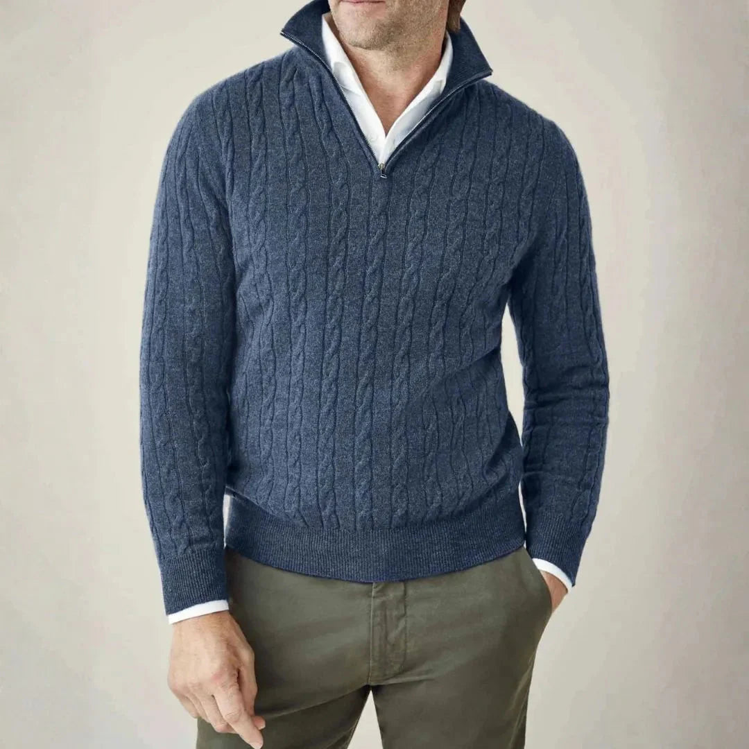 York Cable-Knit Quarter-Zip Sweater for Men Blue