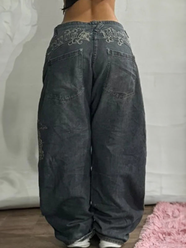 Dámské černé boyfriend džíny s vysokým pasem a širokými nohavicemi v retro street stylu