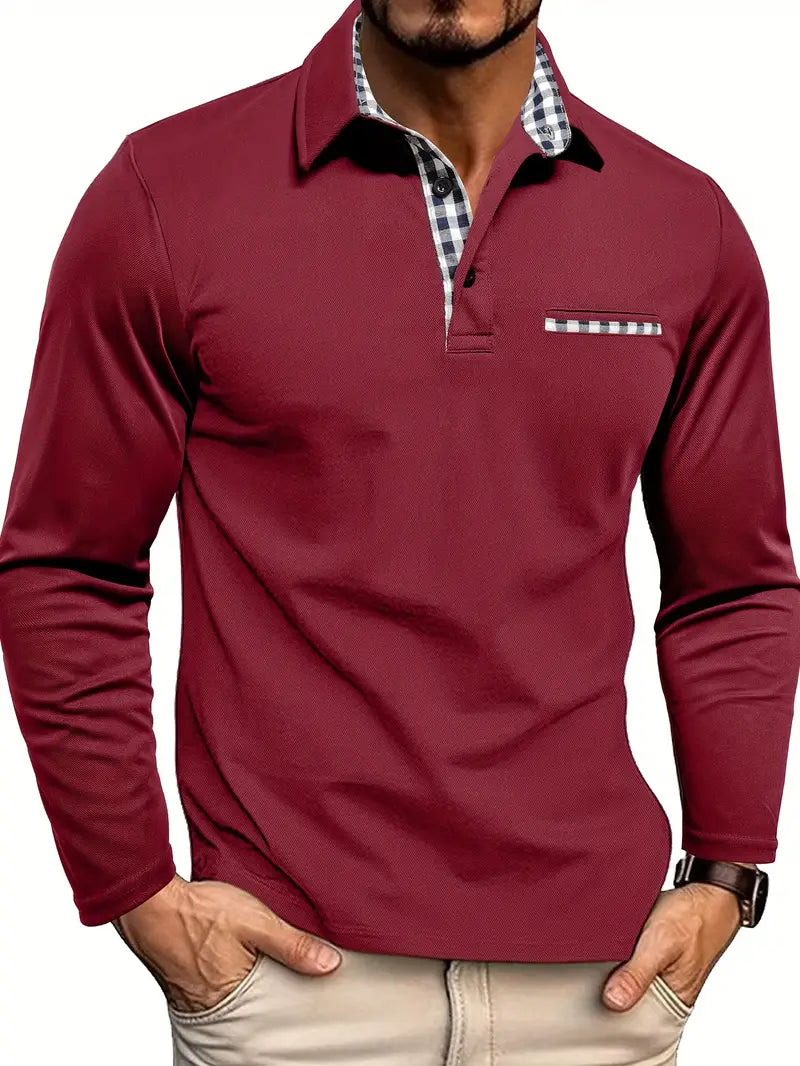 Men's Smart Casual Long-Sleeve Polo Shirt Burgundy