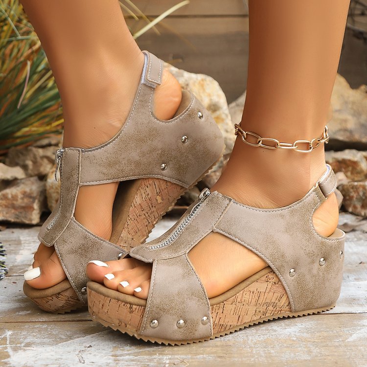 Women's Zipper Wedge Sandals for Summer Beige