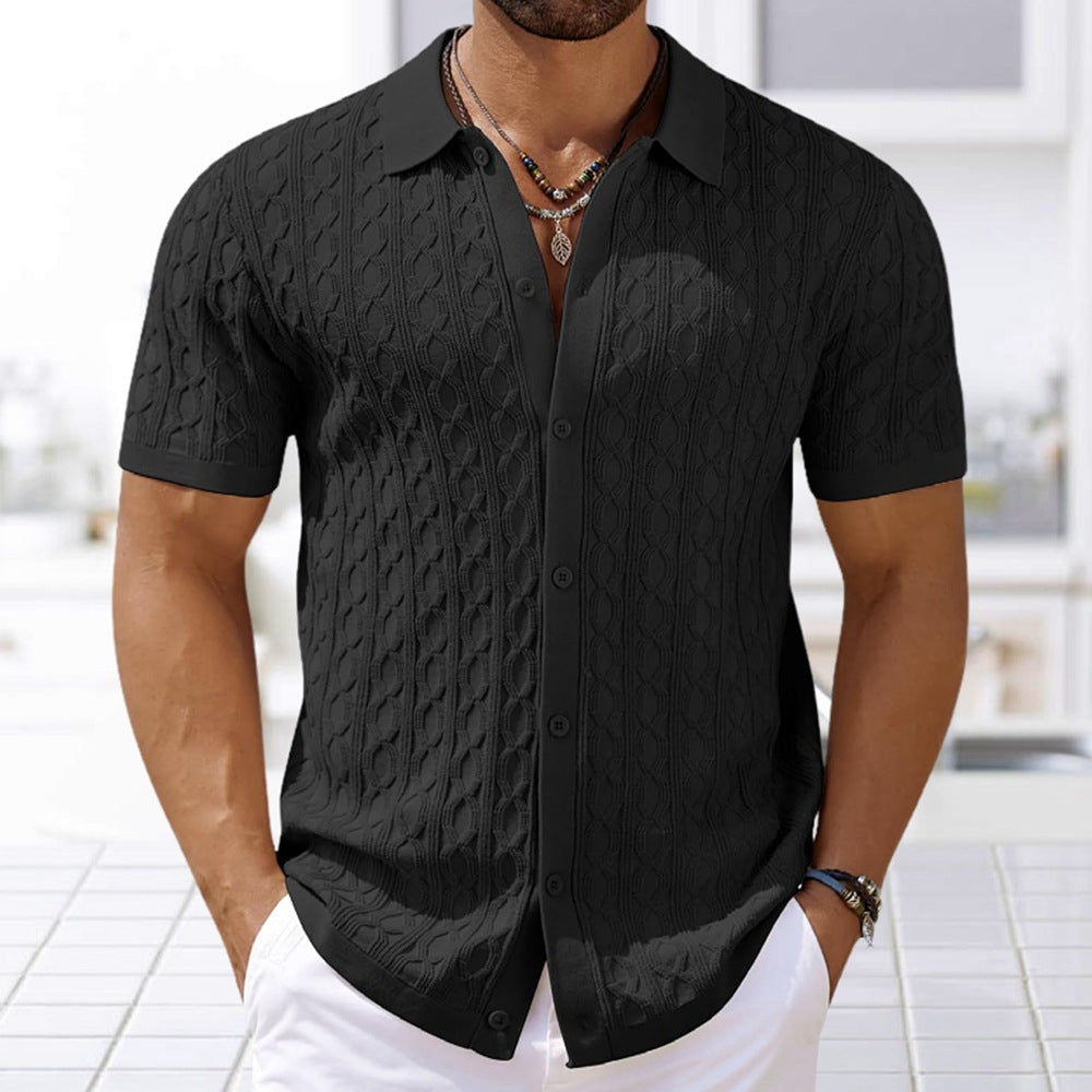 Effortless Knitted Polo Shirt With Subtle Wave Pattern Black