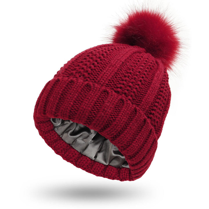 Gorro de punto elegante para mujer con pompón de piel sintética para invierno