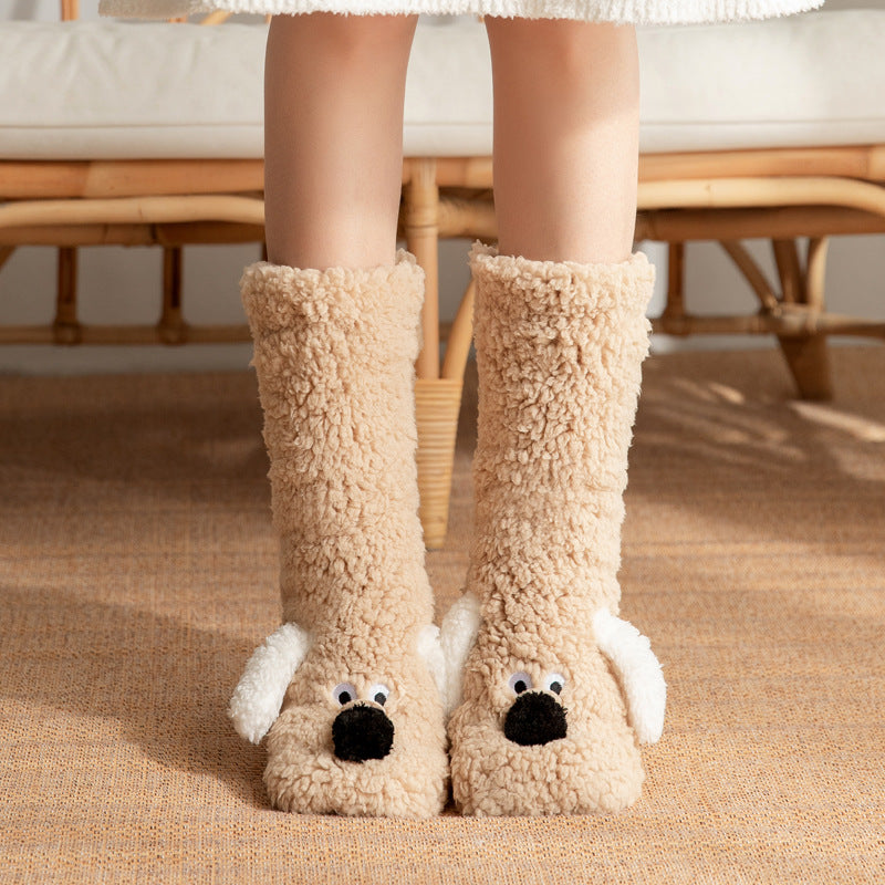 Cozy Cartoon Dog Plush Floor Socks for Women - Non-Slip Winter Warmth Light Coffee Dog One size
