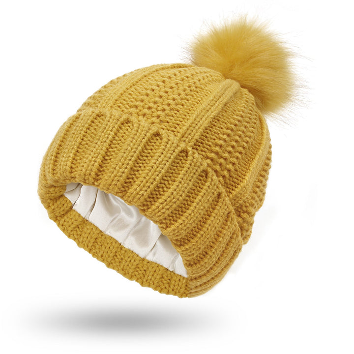Gorro de punto elegante para mujer con pompón de piel sintética para invierno