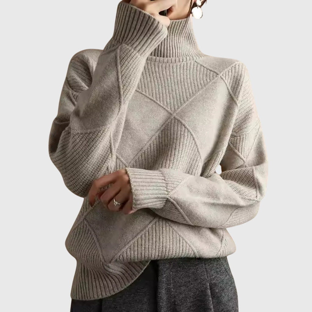 Womens Geometric Turtleneck Sweater Khaki