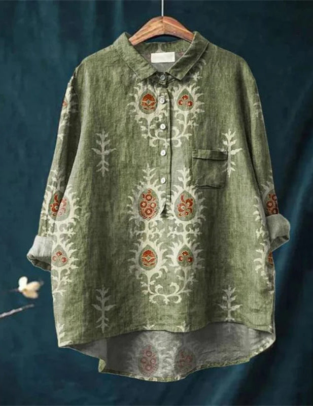 Women's Vintage Floral Blouse Green Flowers