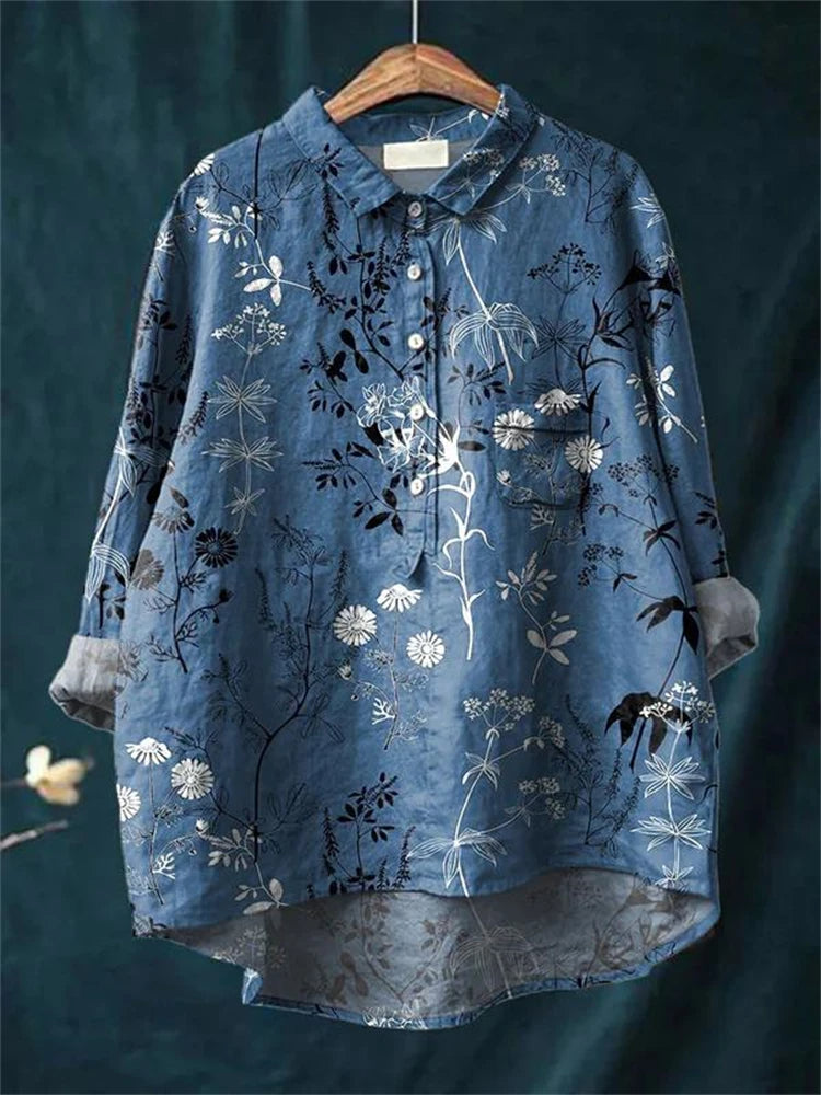 Women's Vintage Floral Blouse Blue Floral Pattern