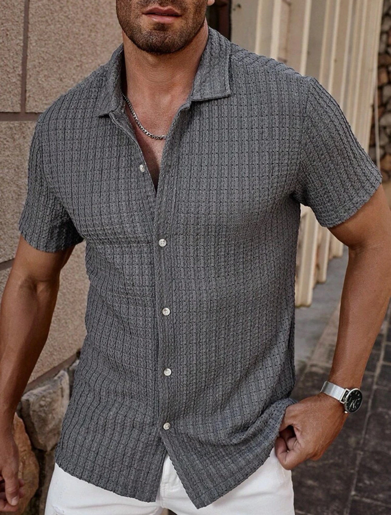 Men's Slim Fit Short Sleeve Casual Shirt For Everyday Wear Gray