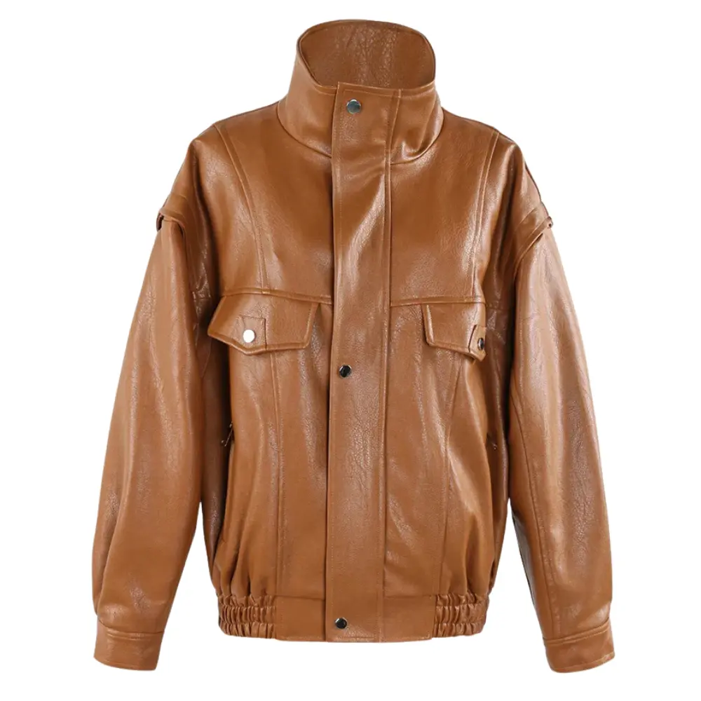 Quilted Lining Leather Jacket for Women Brown