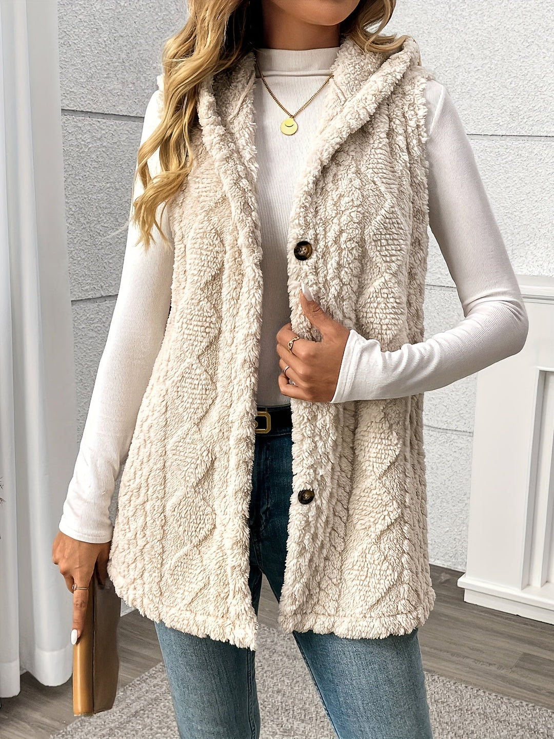 Gilet douillet sans manches à capuche pour femme