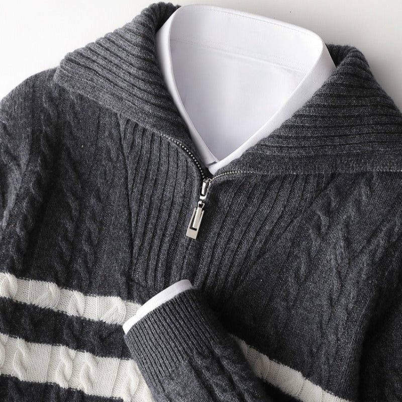 Men's Cozy Cable Knit Striped Quarter-Zip Sweater – Stylish Comfort