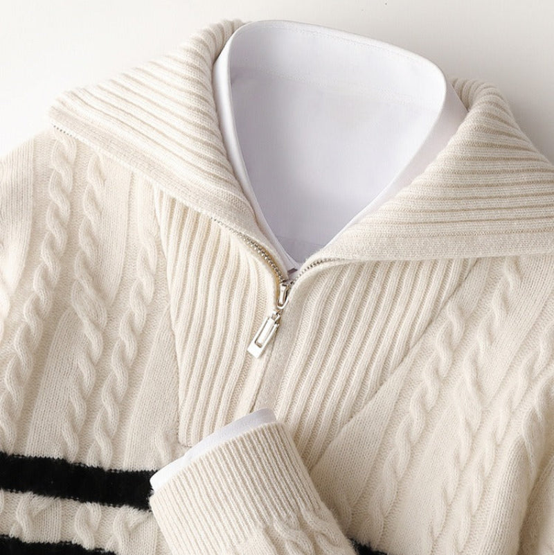 Men's Cozy Cable Knit Striped Quarter-Zip Sweater – Stylish Comfort