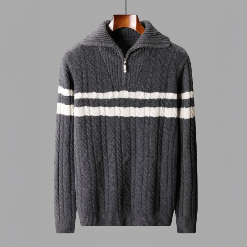 Men's Cozy Cable Knit Striped Quarter-Zip Sweater – Stylish Comfort Gray