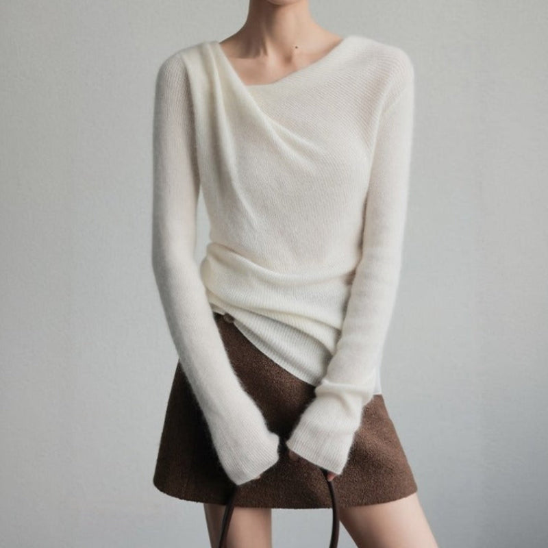 Women's Cozy Relaxed Fit Draped Neck Knit Sweater – Casual Comfort White