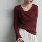 Women's Cozy Relaxed Fit Draped Neck Knit Sweater – Casual Comfort Maroon