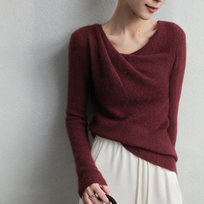 Women's Cozy Relaxed Fit Draped Neck Knit Sweater – Casual Comfort Maroon