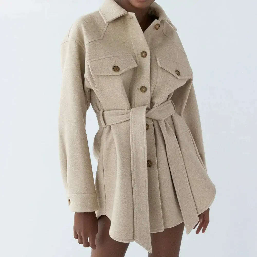 Loose Wool Belted Coat for Women Beige