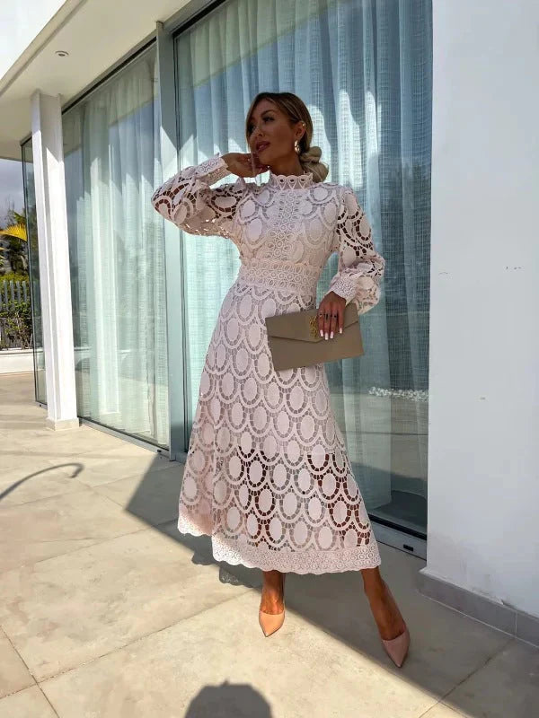 Arabella | Vestido Midi de Gola Alta com Mangas Bufantes para Mulher