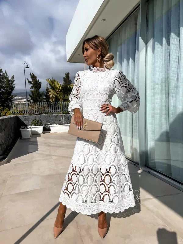 Arabella | Vestido Midi de Gola Alta com Mangas Bufantes para Mulher
