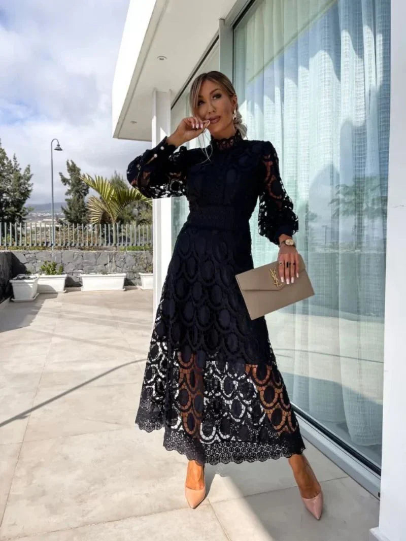 Arabella | Vestido Midi de Gola Alta com Mangas Bufantes para Mulher