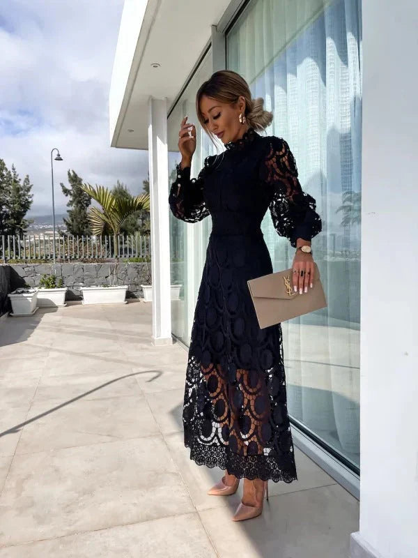 Arabella | Vestido Midi de Gola Alta com Mangas Bufantes para Mulher